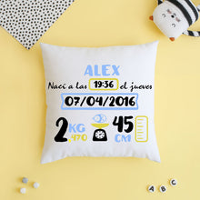 Charger l'image dans la galerie, Coussin de naissance personnalisé Bleu et Jaune