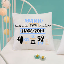 Charger l'image dans la galerie, Coussin de naissance personnalisé Bleu et Beige
