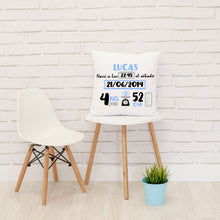 Charger l'image dans la galerie, Coussin de naissance personnalisé bleu et gris