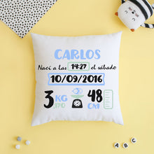 Cargar imagen en el visor de la galería, Cojín nacimiento personalizado Azul y Mint