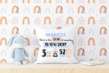 Charger l'image dans la galerie, Coussin de naissance personnalisé bleu et orange