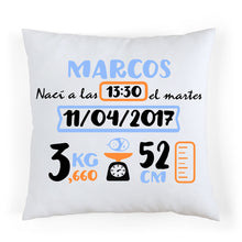 Charger l'image dans la galerie, Coussin de naissance personnalisé bleu et orange