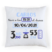 Cargar imagen en el visor de la galería, Cojín nacimiento personalizado Celeste y Azul