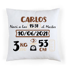 Cargar imagen en el visor de la galería, Cojín nacimiento personalizado Marrón y Beige