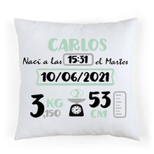 Cargar imagen en el visor de la galería, Cojín nacimiento personalizado Mint y Gris