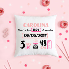 Cargar imagen en el visor de la galería, Cojín nacimiento personalizado Rosa y Fucsia