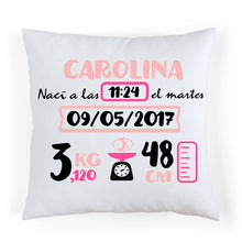 Cargar imagen en el visor de la galería, Cojín nacimiento personalizado Rosa y Fucsia