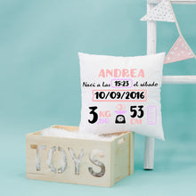 Charger l'image dans la galerie, Coussin de naissance personnalisé Rose et Lilas