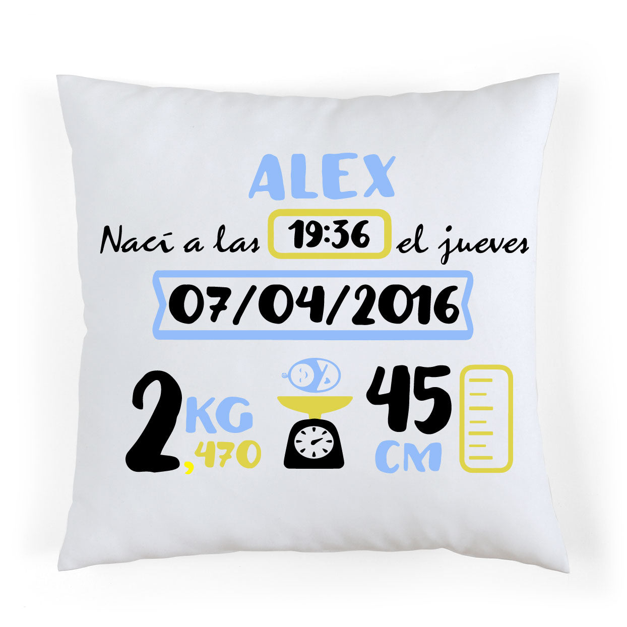 Coussin de naissance personnalisé Bleu et Jaune