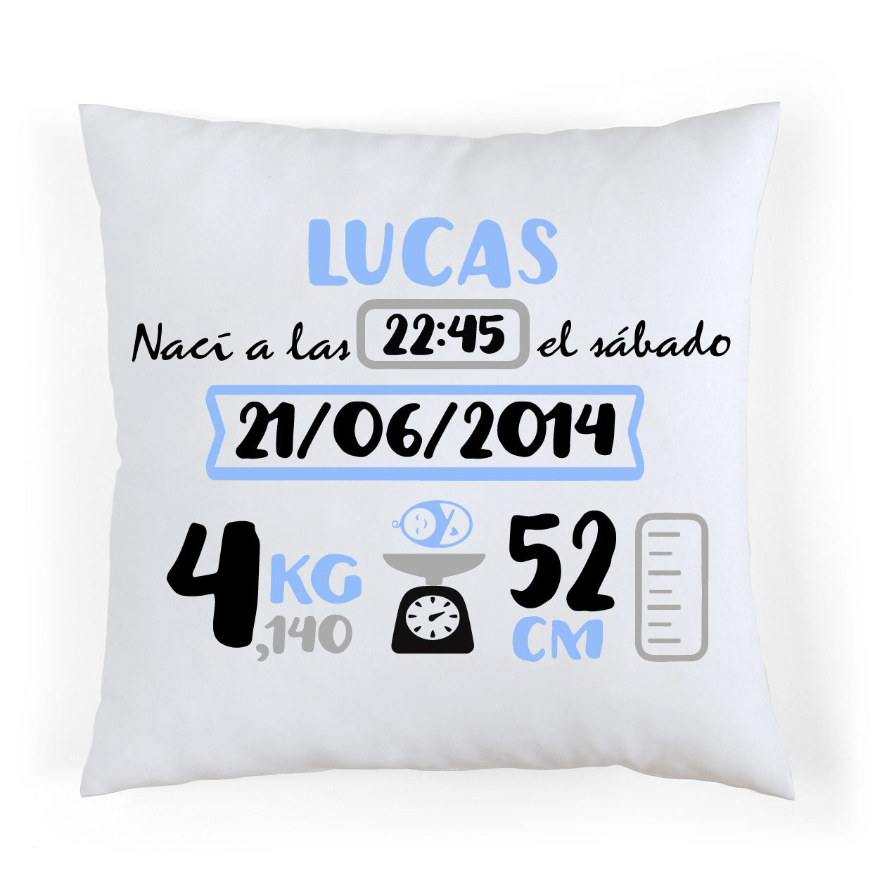 Coussin de naissance personnalisé bleu et gris