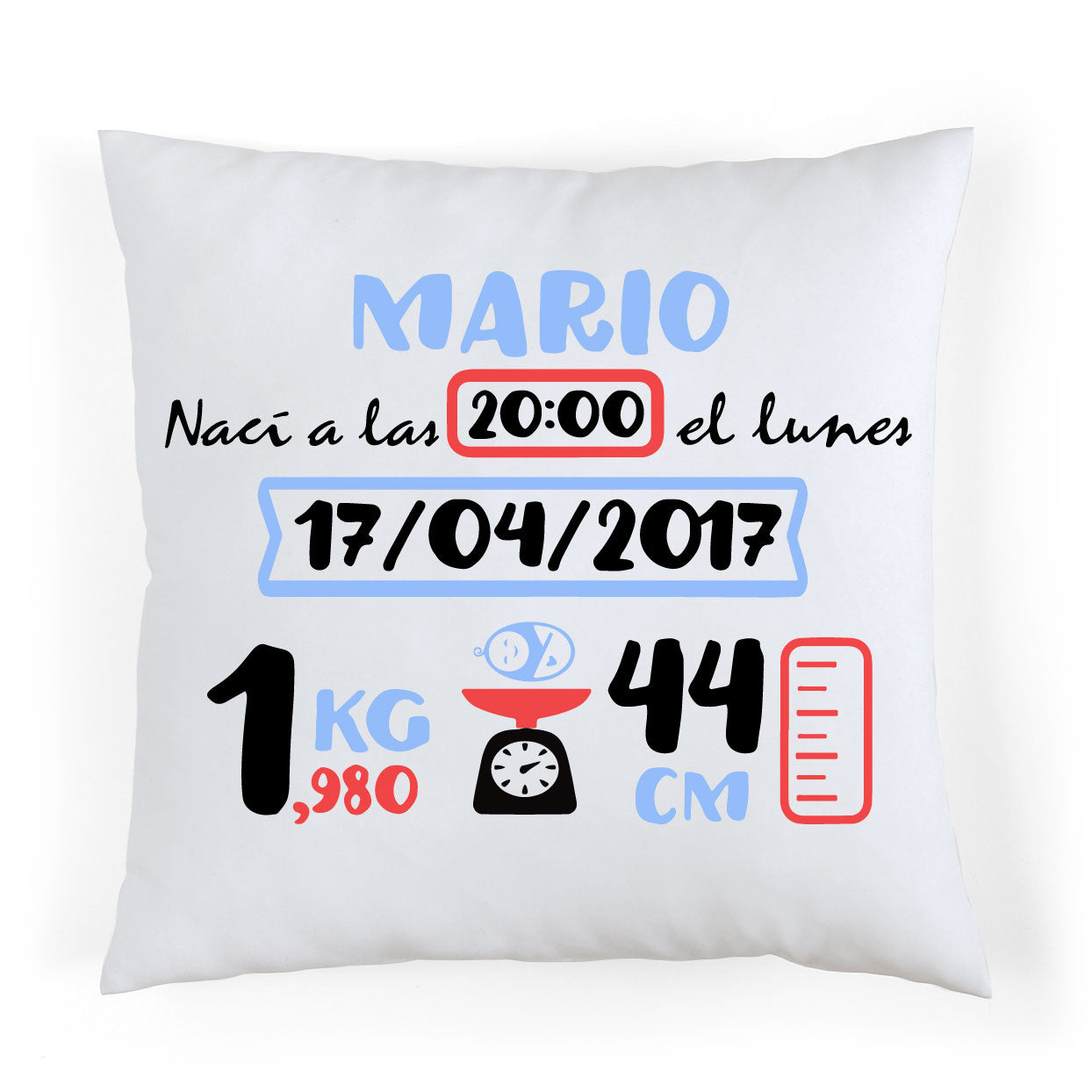 Cojín nacimiento personalizado Azul y Rojo