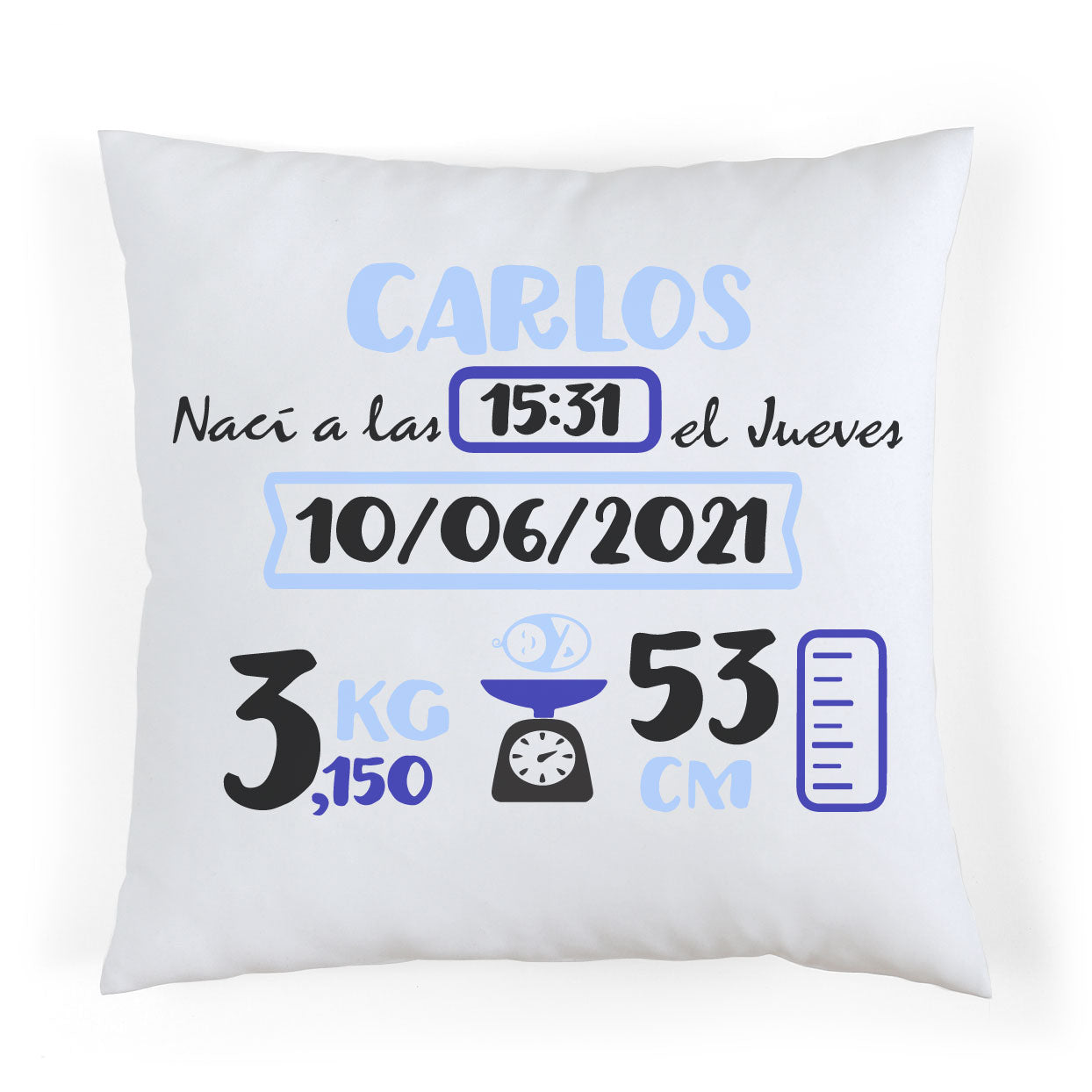 Cojín nacimiento personalizado Celeste y Azul