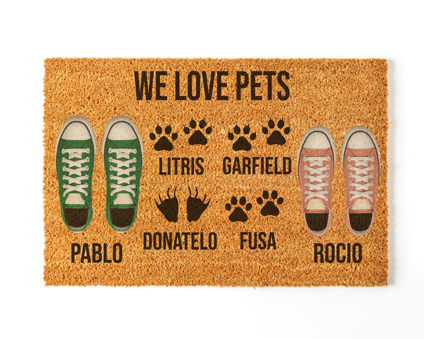 Felpudo Personalizado Fibra de Coco Con Zapatillas Pareja + Mascota 4