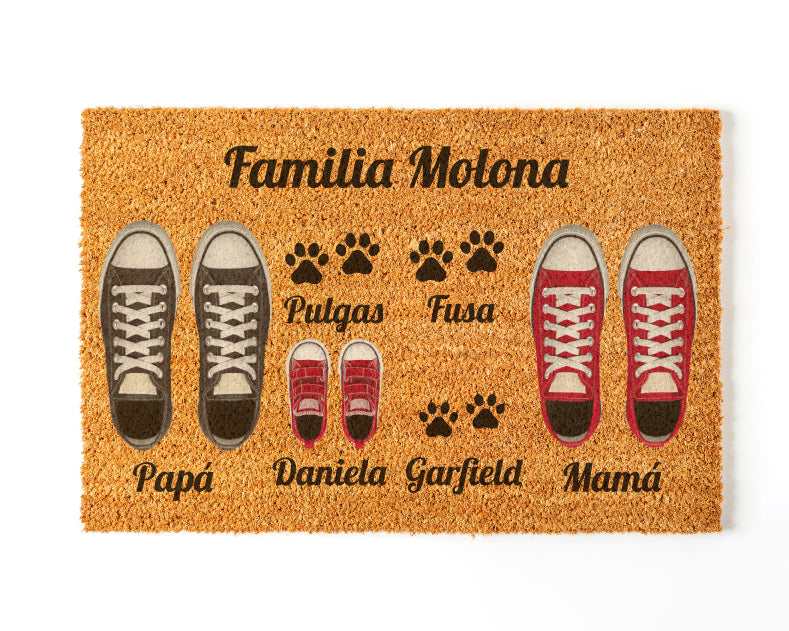 Felpudo Personalizado Fibra de Coco Con Zapatillas Familia 3 + Mascota 3