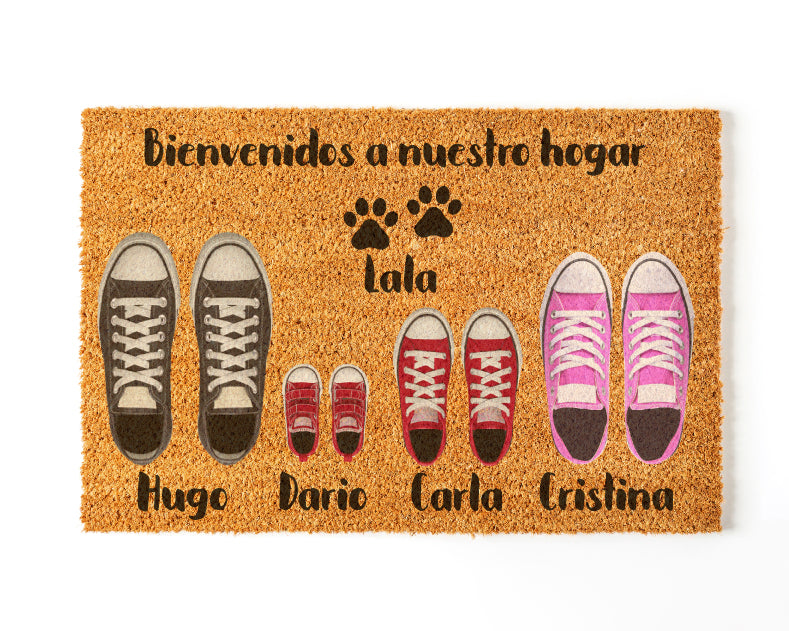 Felpudo Personalizado Fibra de Coco Con Zapatillas Familia 4 + Mascota