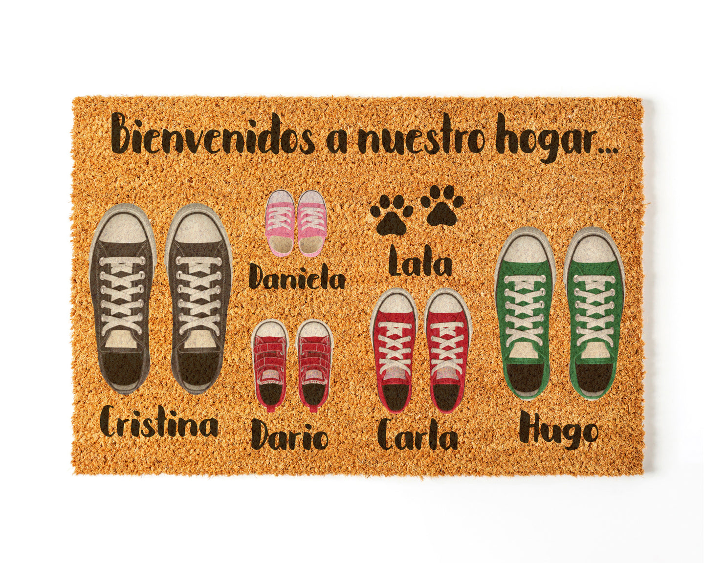 Felpudo Personalizado Fibra de Coco Con Zapatillas Familia 5 + Mascota