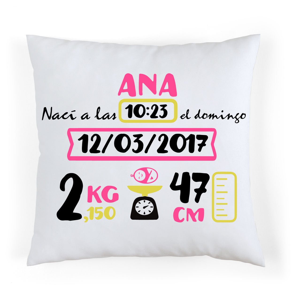 Coussin de naissance personnalisé Fuchsia et Jaune