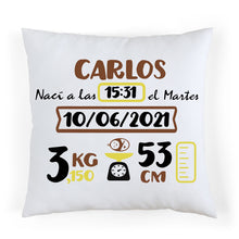 Charger l&#39;image dans la galerie, Coussin de naissance personnalisé Marron et Jaune

