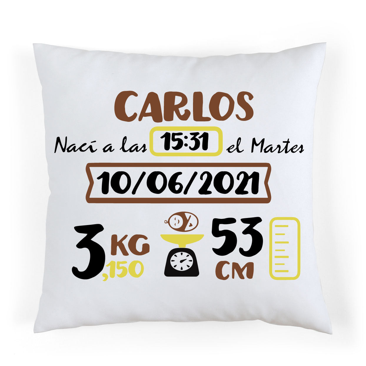 Coussin de naissance personnalisé Marron et Jaune
