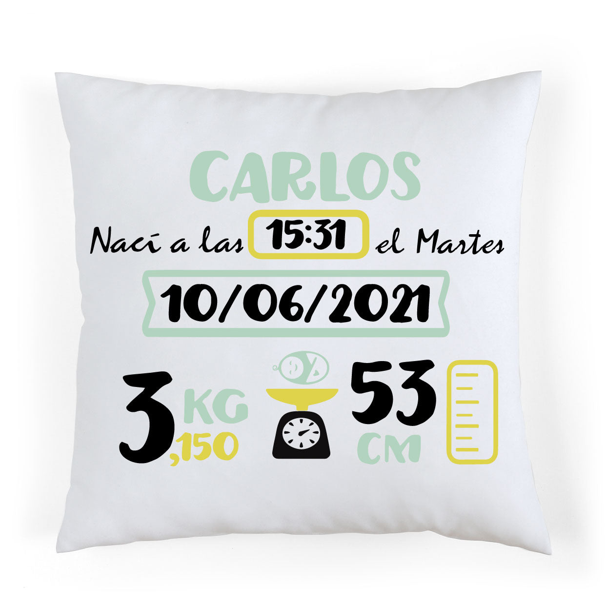 Cojín nacimiento personalizado Mint y Amarillo