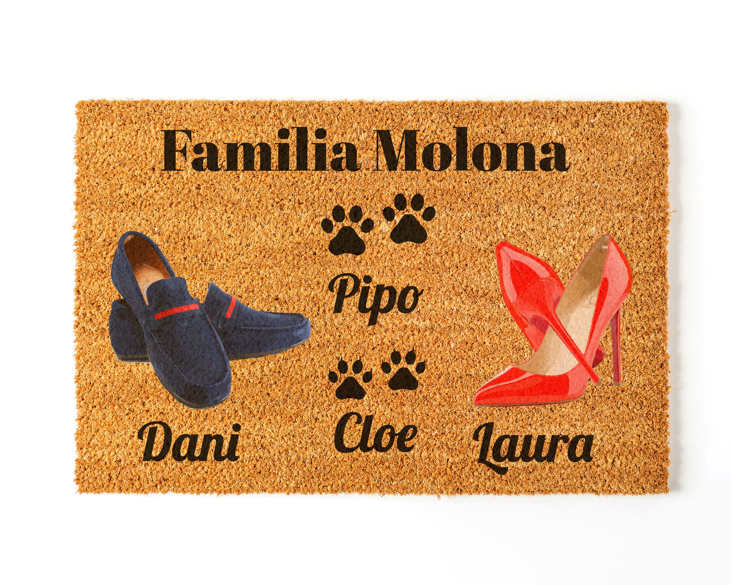Felpudo Personalizado Fibra de Coco Mocasines Pareja +  2 Mascotas