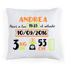 Cargar imagen en el visor de la galería, Cojín nacimiento personalizado Naranja y Verde Lima
