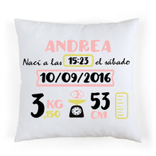 Charger l&#39;image dans la galerie, Coussin de naissance personnalisé Rose et Jaune
