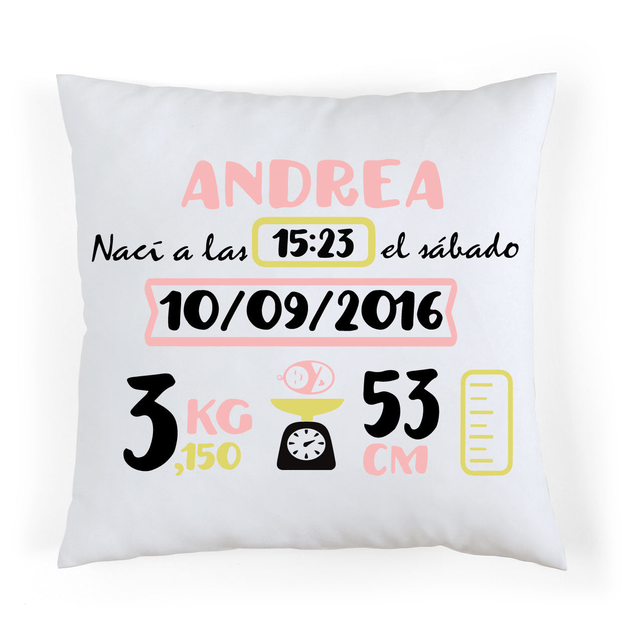 Coussin de naissance personnalisé Rose et Jaune