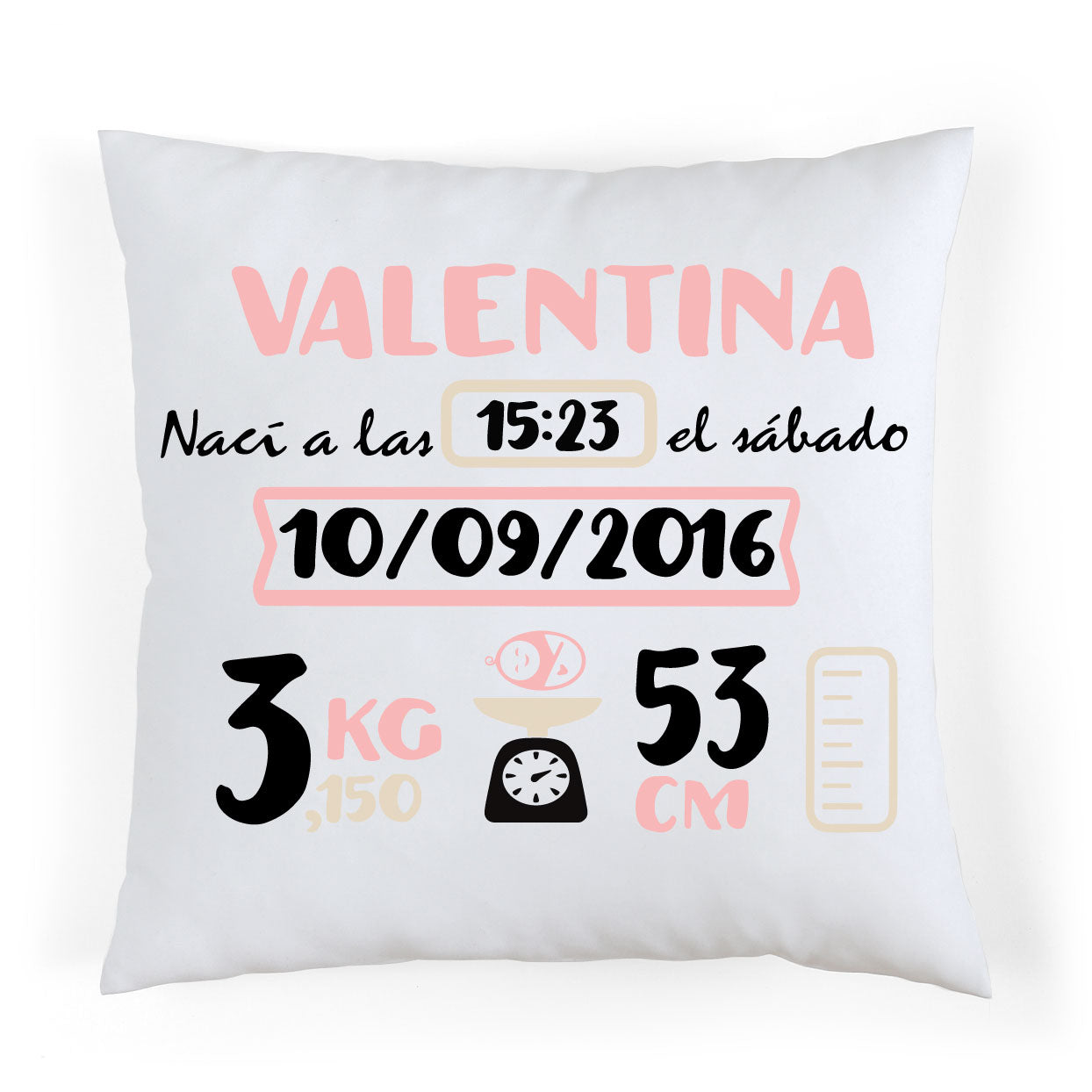 Coussin de naissance personnalisé rose et beige