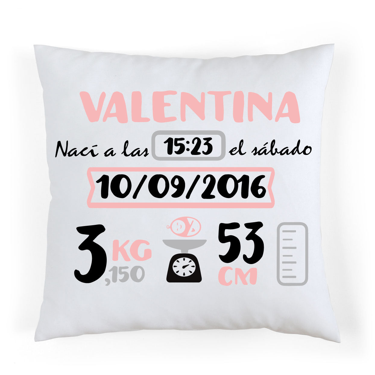 Coussin de naissance personnalisé rose et gris
