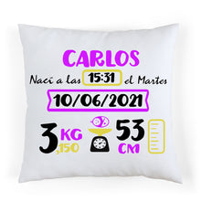 Charger l&#39;image dans la galerie, Coussin de naissance personnalisé Violet et Jaune
